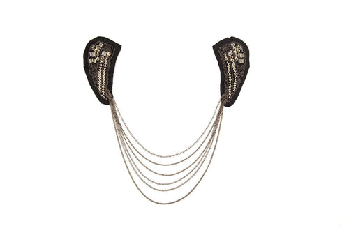 Black Gunmetal Beaded Applique with Necklace Chains Epaulette Patch